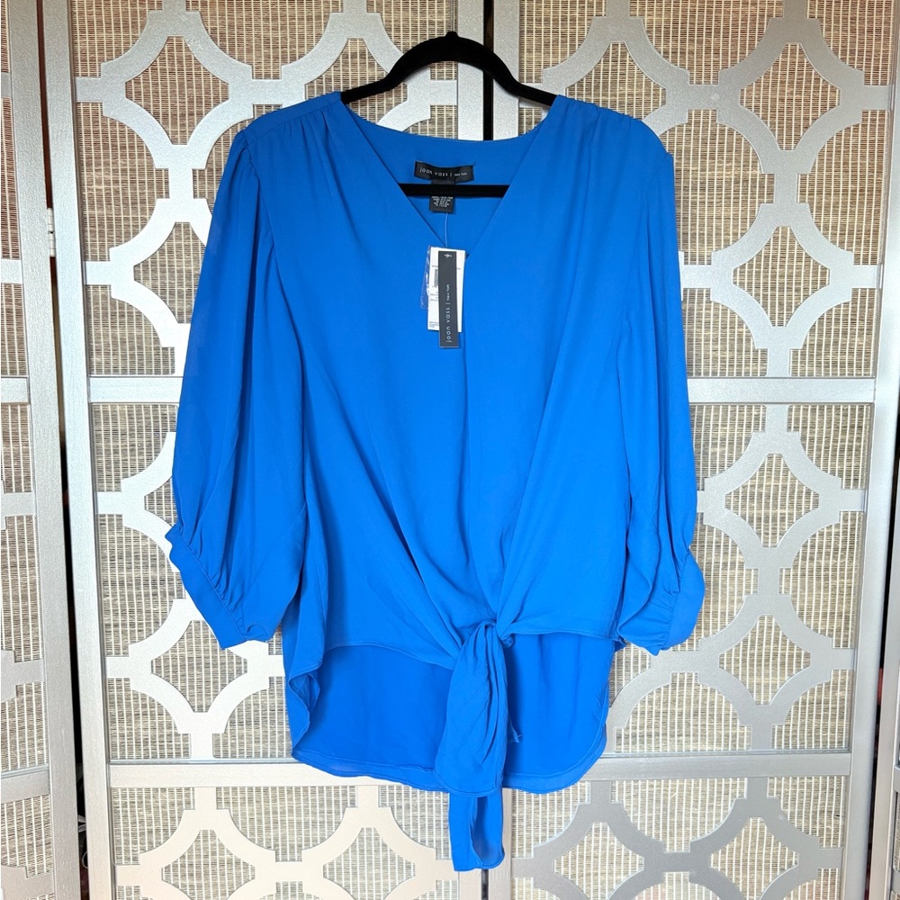 Joan Vass Blue Tie Front 3/4 Sleeve Blouse
